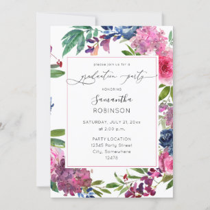 Invitación Partido de Graduación Floral Azul Rosa y Marina Ca