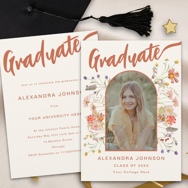 Invitación Partido de Graduación Floral Boho (Wildflower boho graduate photo arch burnt orange script Graduation party invitation watercolor)