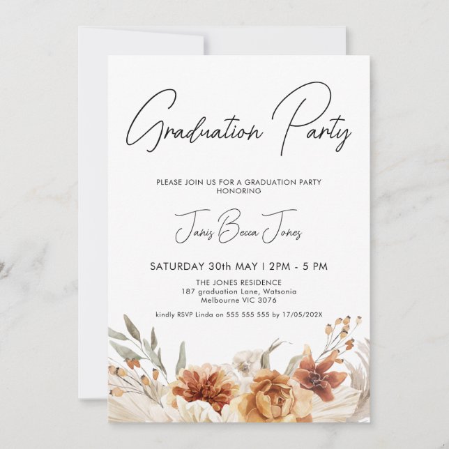 Invitación Partido de Graduación Floral Boho, Naranja quemado (Anverso)