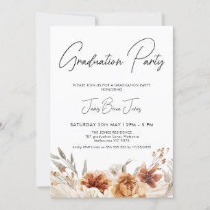 Invitación Partido de Graduación Floral Boho, Naranja quemado