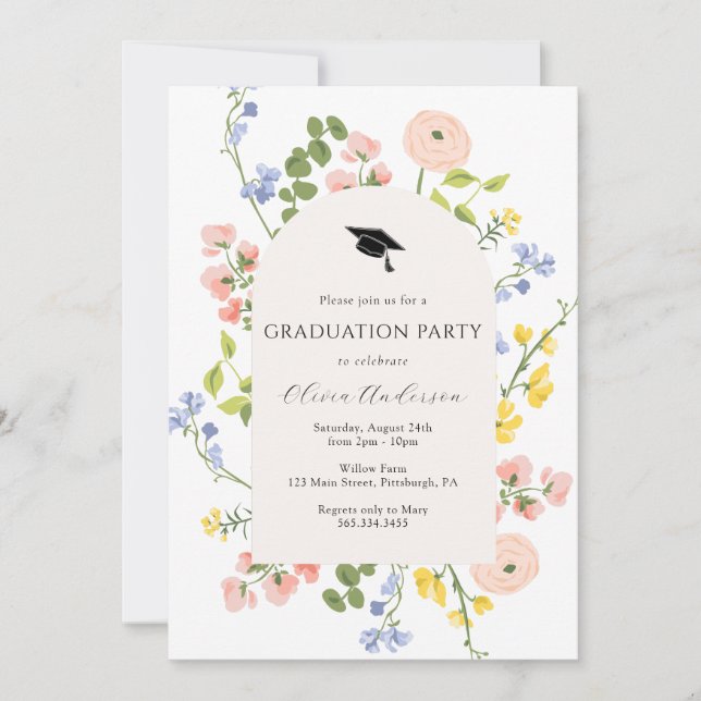 Invitación Partido de Graduación Floral de Flor Silvestre (Anverso)