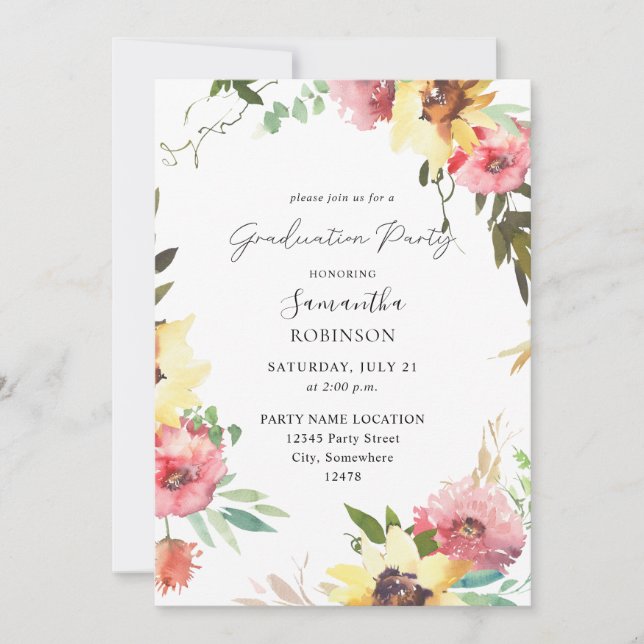 Invitación Partido de Graduación Floral de Girasol de Verano (Anverso)