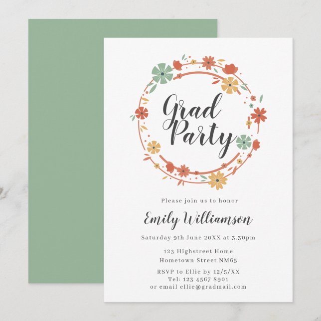 Invitación Partido de Graduación Floral de Guión Moderno (Anverso / Reverso)