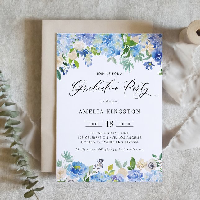 Invitación Partido de Graduación Floral de Hidrangea Azul de  (Subido por el creador)