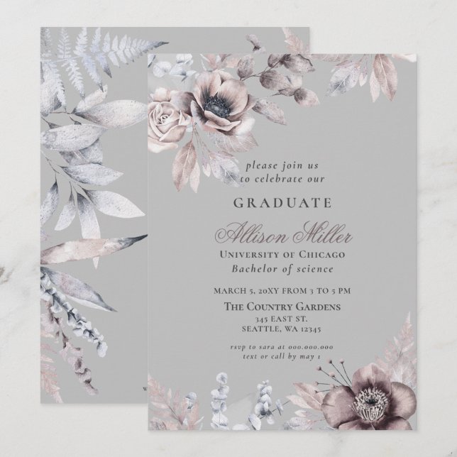 Invitación Partido de Graduación Floral de Mauve Gris Gris Pl (Anverso / Reverso)