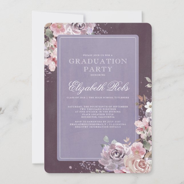 Invitación Partido de Graduación Floral de Mauve Plum Lilac V (Anverso)