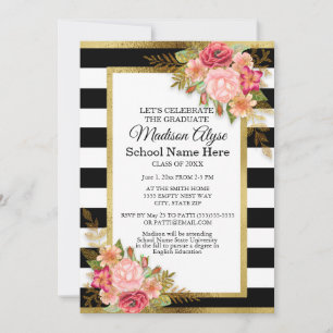 Invitación Partido de Graduación Floral de Oro Blanco Negro y