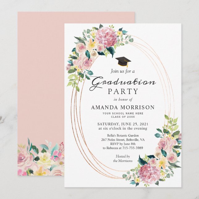 Invitación Partido de Graduación Floral de Pastel de marco ov (Anverso / Reverso)