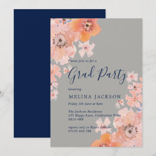 Invitación Partido de Graduación Floral de Peach and Navy Wat
