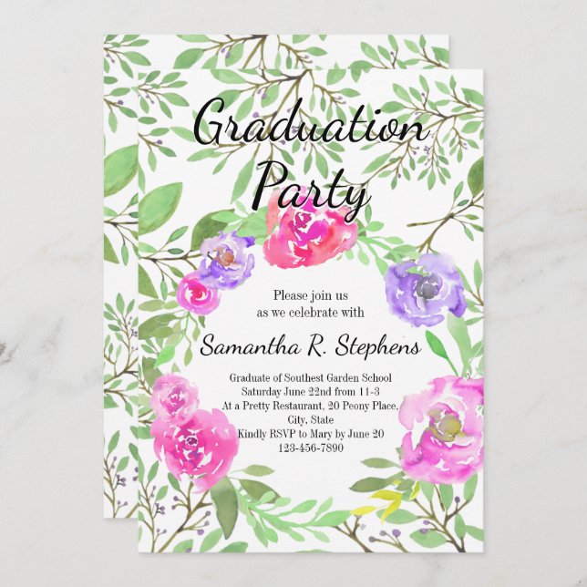 Invitación Partido de Graduación Floral de Peony Watercolor (Anverso / Reverso)