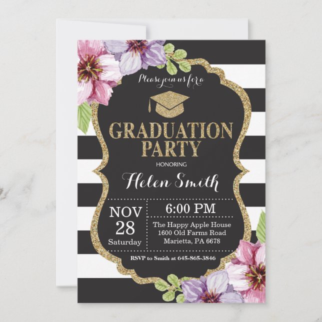 Invitación Partido de Graduación Floral de Purpurina Negro y  (Anverso)