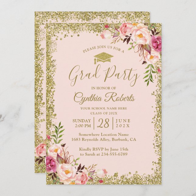 Invitación Partido de Graduación Floral de Purpurinas de Oro  (Anverso / Reverso)