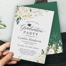 Invitación Partido de Graduación Floral de Rosa Blanca y Verd