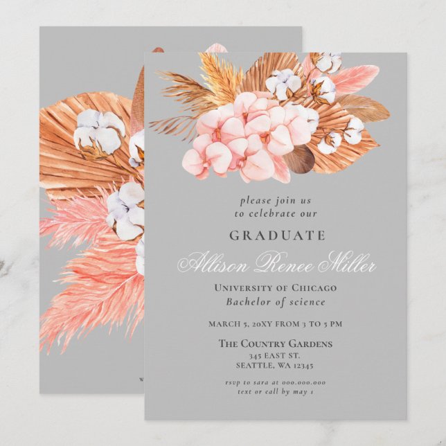 Invitación Partido de Graduación Floral del Boho Gris Platead (Anverso / Reverso)