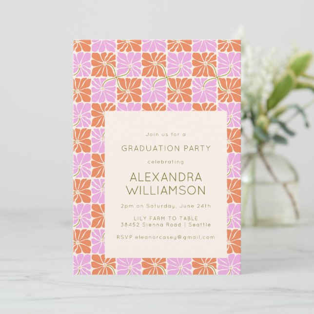 Invitación Partido de Graduación Floral del Naranja Rosa Retr (Anverso de pie)