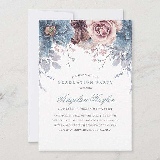 Invitación Partido de Graduación Floral Dusty Blue y Mauve (Anverso)
