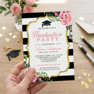 Invitación Partido de Graduación Floral Gold Black White Stri