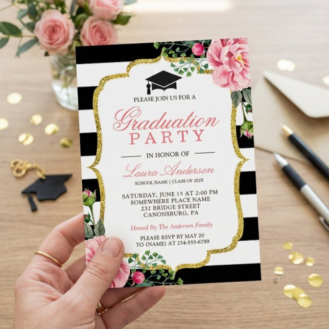Invitación Partido de Graduación Floral Gold Black White Stri (Subido por el creador)