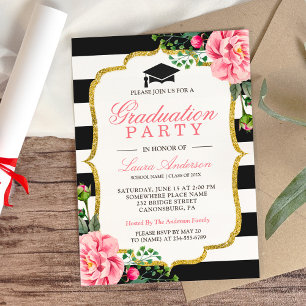 Invitación Partido de Graduación Floral Gold Black White Stri