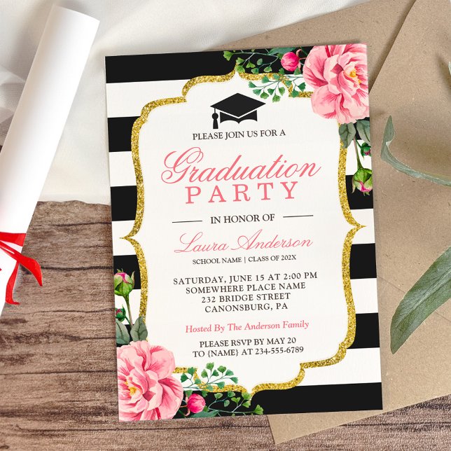 Invitación Partido de Graduación Floral Gold Black White Stri (Subido por el creador)