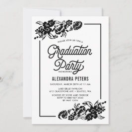 Invitación Partido de Graduación Floral Moderna Negra y Blanc