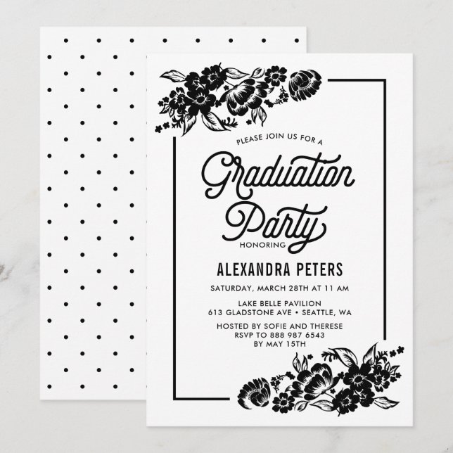 Invitación Partido de Graduación Floral Moderna Negra y Blanc (Anverso / Reverso)