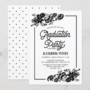 Invitación Partido de Graduación Floral Moderna Negra y Blanc
