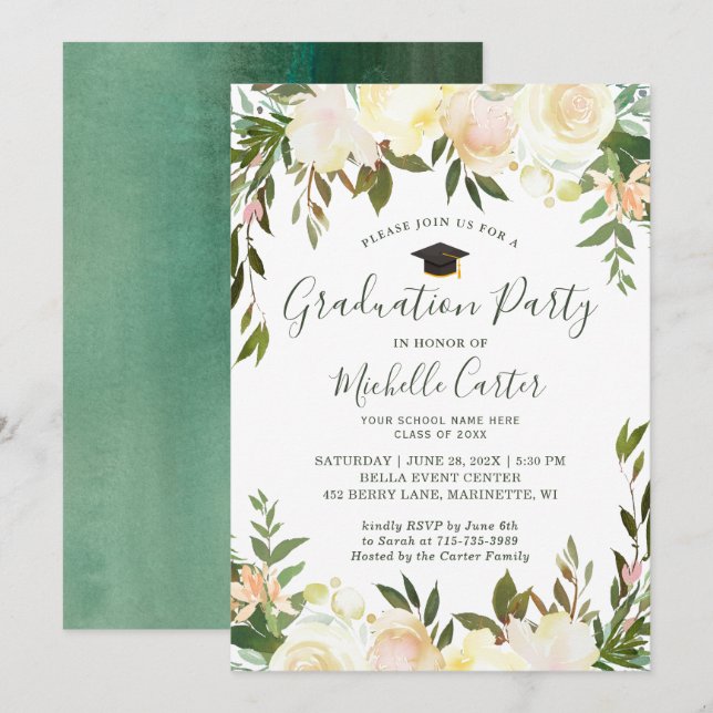 Invitación Partido de Graduación Floral Neutral de la Vegetac (Anverso / Reverso)