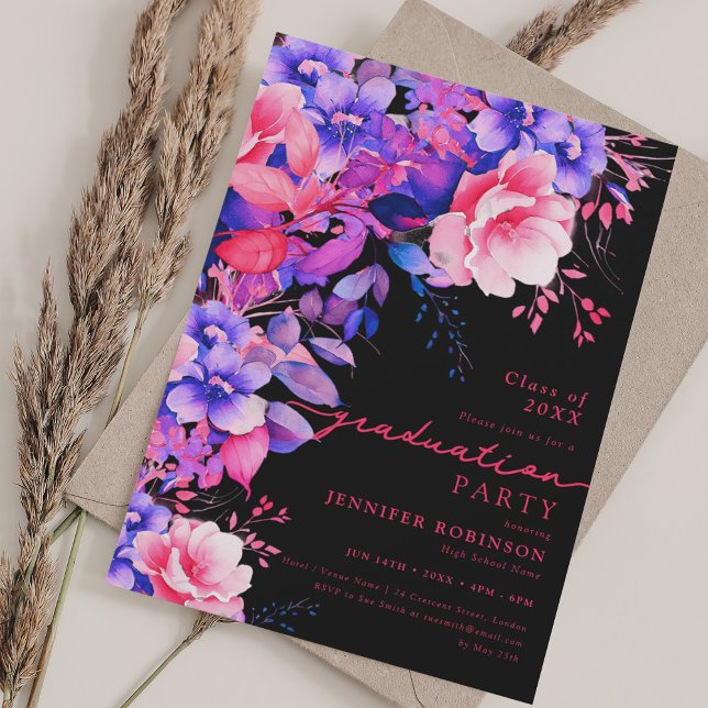 Invitación Partido de Graduación Floral Purple Garden Negro (Purple Garden Floral Graduation Party Black Invitation)