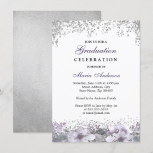 Invitación Partido de Graduación Floral Púrpura Purpurina Pla