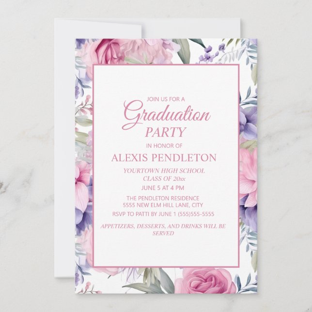 Invitación Partido de Graduación Floral Púrpura Rosa (Anverso)