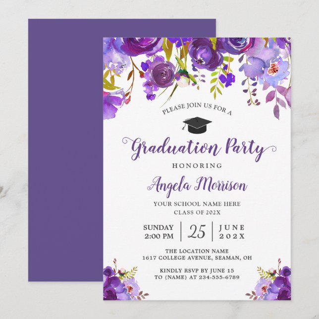 Invitación Partido de Graduación Floral Púrpura Ultra Violeta (Anverso / Reverso)