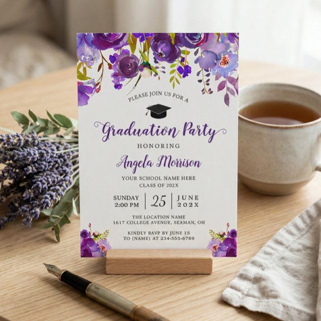 Invitación Partido de Graduación Floral Púrpura Ultra Violeta (Subido por el creador)