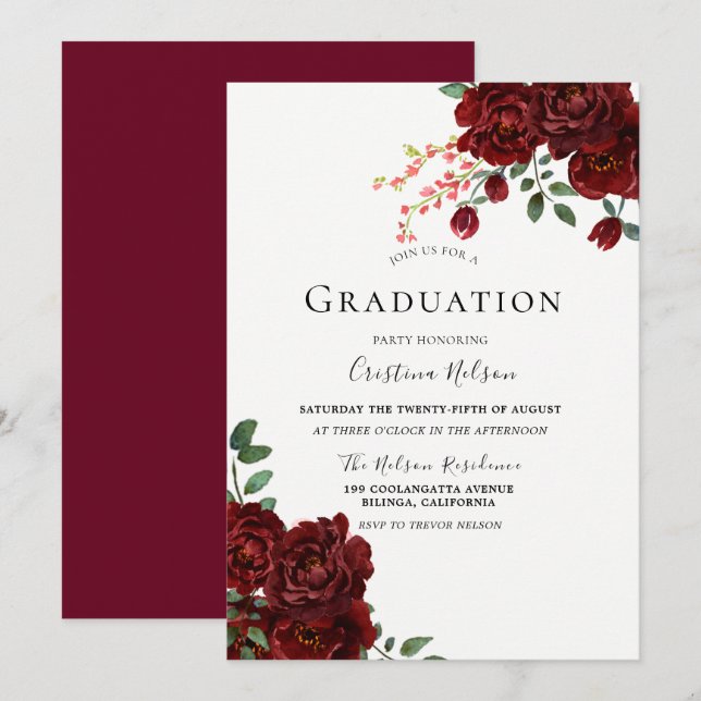Invitación Partido de Graduación Floral Romántica Rosa Roja (Anverso / Reverso)