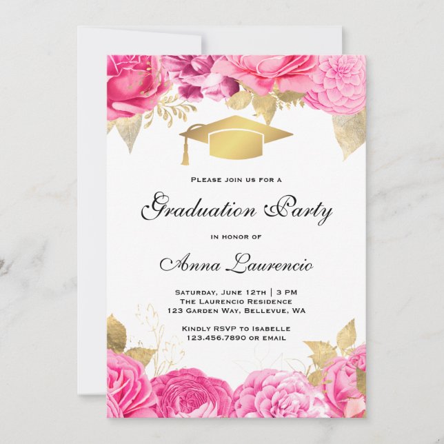 Invitación Partido de Graduación Floral Rosa (Anverso)