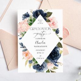 Invitación Partido de graduación floral rosa azul marino y Ru