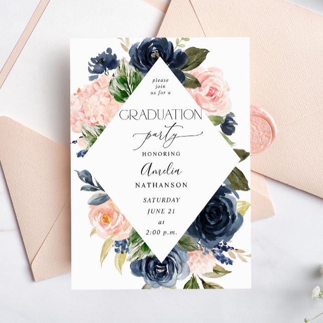 Invitación Partido de graduación floral rosa azul marino y Ru (Subido por el creador)
