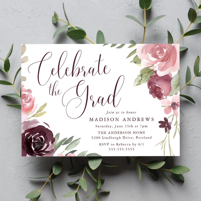 Invitación Partido de Graduación Floral Rosa Borgoña y Rubor (Subido por el creador)