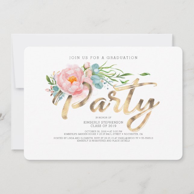 Invitación Partido de Graduación Floral Rosa de Caligrafía Do (Anverso)