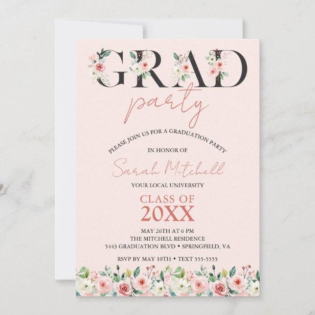 Invitación Partido de Graduación Floral Rosa de Rubor (Anverso)