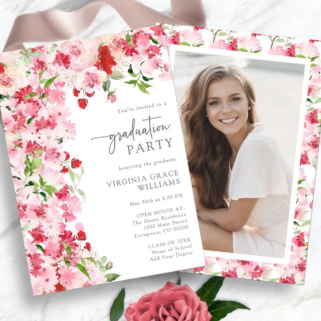 Invitación Partido de Graduación Floral Rosa Roja (Watercolor Red Pink Floral Photo Graduation Party Invitation by Painted Paperie
)