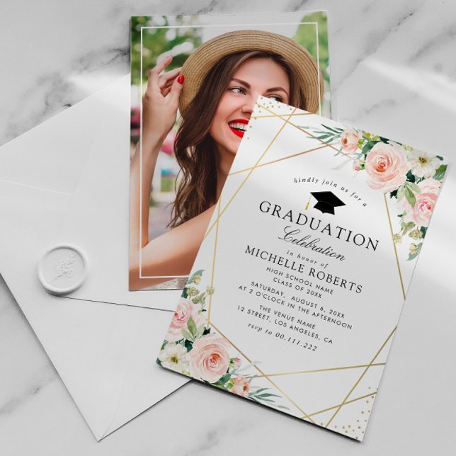 Invitación partido de graduación floral rosa rosa de marco ge (Subido por el creador)