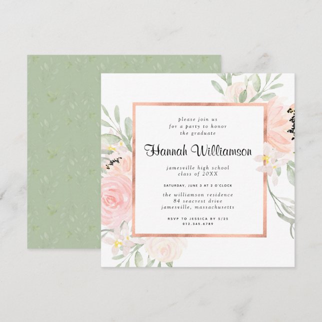 Invitación Partido de Graduación Floral Rosa Rosa de Rubor (Anverso / Reverso)