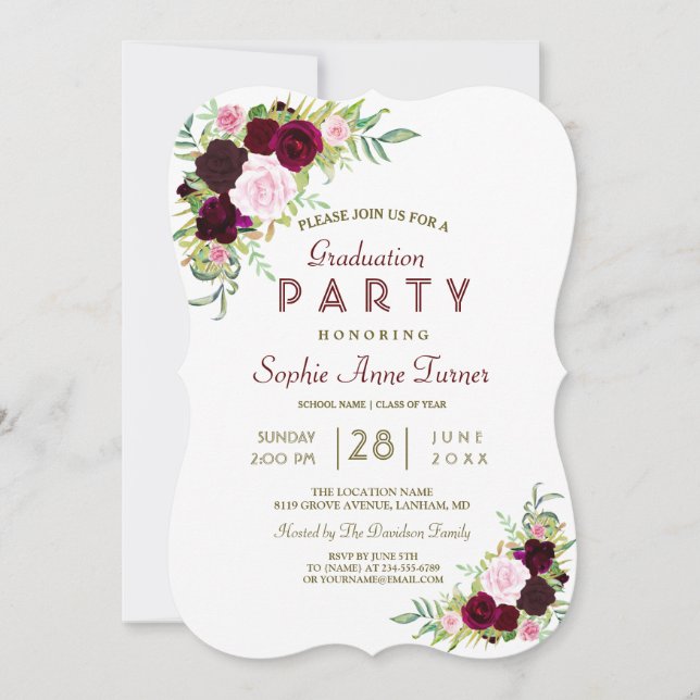 Invitación Partido de Graduación Floral Royal Burgundy Marsal (Anverso)