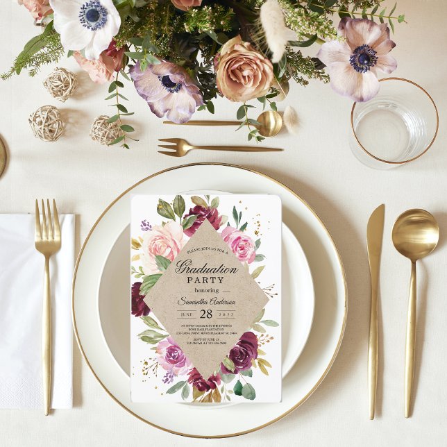 Invitación Partido de Graduación Floral Rustic Burgundy Kraft (Subido por el creador)
