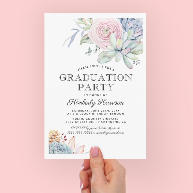 Invitación Partido de Graduación Floral Suculento de Acuarela (Subido por el creador)