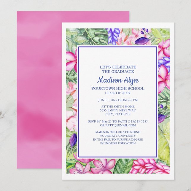 Invitación Partido de Graduación Floral Tropical Púrpura Púrp (Anverso / Reverso)