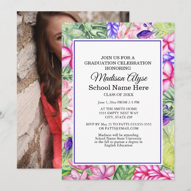Invitación Partido de Graduación Floral Tropical Púrpura Púrp (Anverso / Reverso)