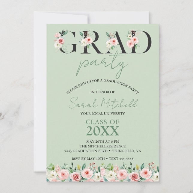 Invitación Partido de Graduación Floral Verde Suave (Anverso)