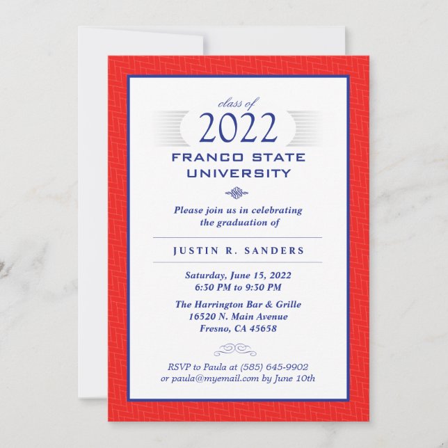 Invitación Partido de Graduación Formal Azul Rojo y Blanco  (Anverso)